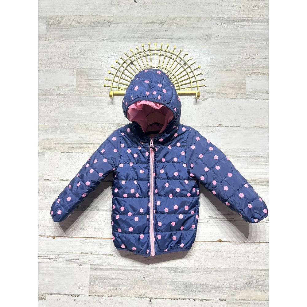 Carter's Puffer Jacket Girls 3T Navy Pink Polka Dot Hooded Zip Coat GUC*